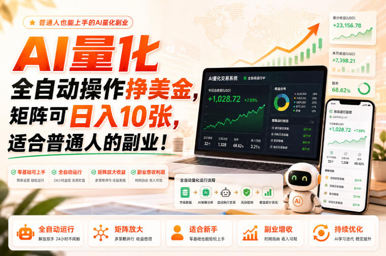 AI量化全自动操作挣美金,矩阵可日入10张,适合普通人的副业!【揭秘】-来友网创