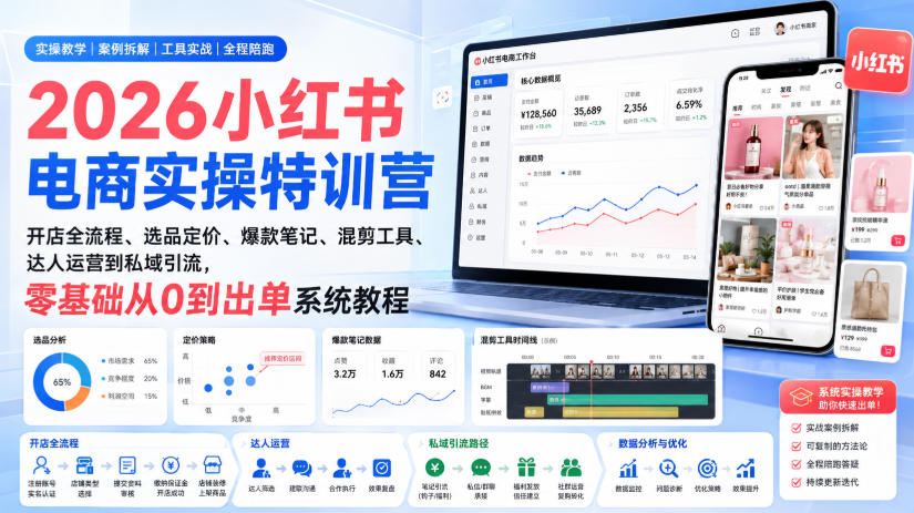 2026小红书电商实操特训营|开店全流程、选品定价、爆款笔记、混剪工具、达人运营到私域引流,零基础从0到出单系统教程-来友网创