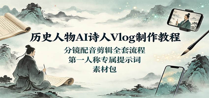 历史人物AI诗人Vlog制作教程:分镜配音剪辑全套流程,第一人称专属提示词素材包-来友网创