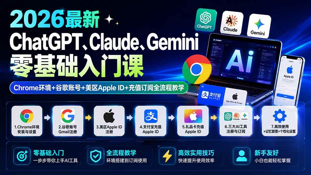 (19923期)2026最新ChatGPT、Claude、Gemini零基础入门课:Chrome环境+谷歌账号+美区Apple ID+充值订阅全流程教学-来友网创