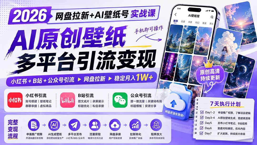 (19732期)2026网盘拉新+AI壁纸号实战课:AI原创壁纸+小红书+B站+公众号引流,手机即可操作,月入1W+-来友网创