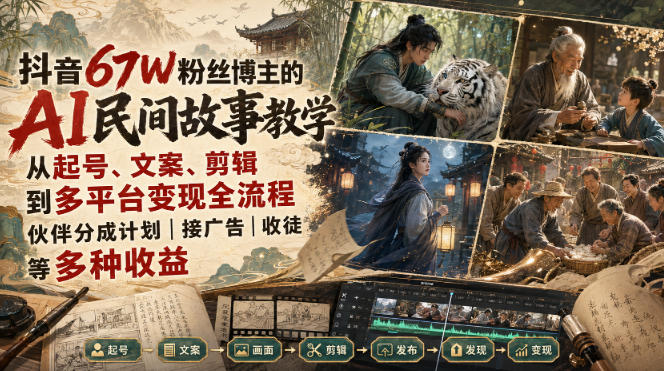 抖音67W粉丝博主的AI民间故事教学,从起号、文案、剪辑到多平台变现全流程,伙伴分成计划接广告等多种收益,月入1W+-来友网创