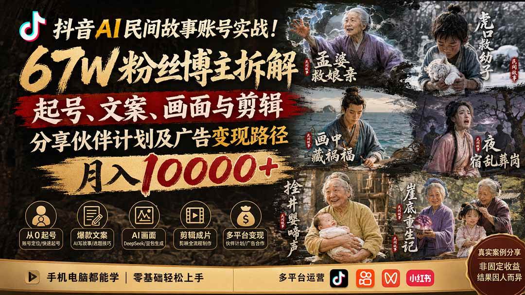 (19738期)抖音AI民间故事账号实战!67W粉丝博主拆解起号、文案、画面与剪辑,分享伙伴计划及广告变现路径,月入10000+-来友网创