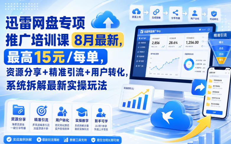 迅雷网盘专项推广培训课8月最新,最高15米/每单,资源分享+精准引流+用户转化,系统拆解最新实操玩法(更新0819)-来友网创