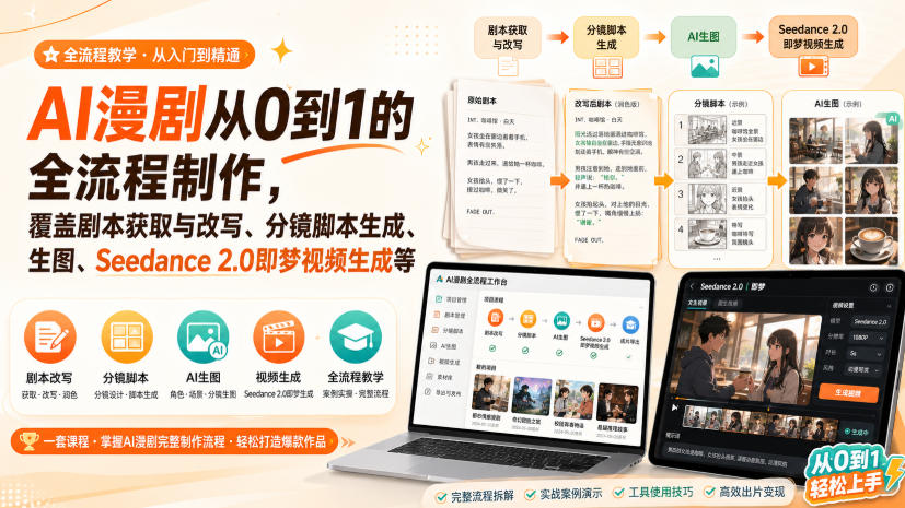 AI漫剧从0到1的全流程制作,覆盖剧本获取与改写、分镜脚本生成、角色场景生图与三视图、Seedance 2.0即梦视频生成(PDF版)-来友网创