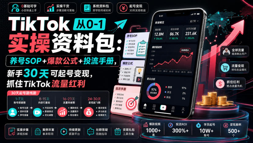 TikTok从0-1实操资料包:养号SOP+爆款公式+投流手册,新手30天可起号变现,抓住TikTok流量红利-来友网创
