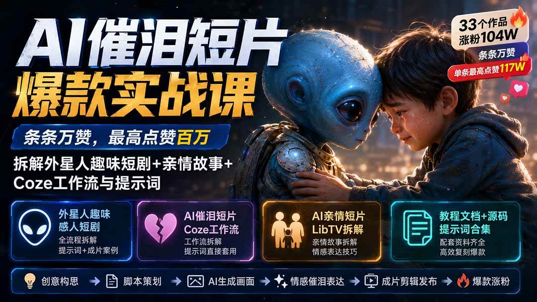 (20038期)AI催泪短片爆款实战课:条条万赞,最高点赞百万,拆解外星人趣味短剧+亲情故事+Coze工作流与提示词-来友网创