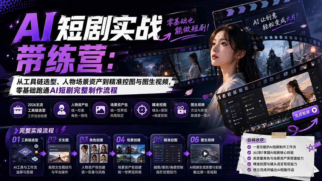 (20064期)AI短剧实战训练营:从工具链选型、人物场景资产到精准控图与图生视频,零基础跑通AI短剧完整制作流程-来友网创