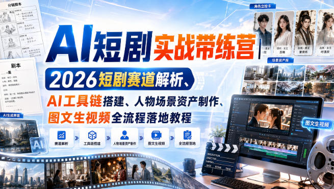 AI短剧实战带练营|2026短剧赛道解析、AI工具链搭建、人物场景资产制作、图文生视频全流程落地教程-来友网创