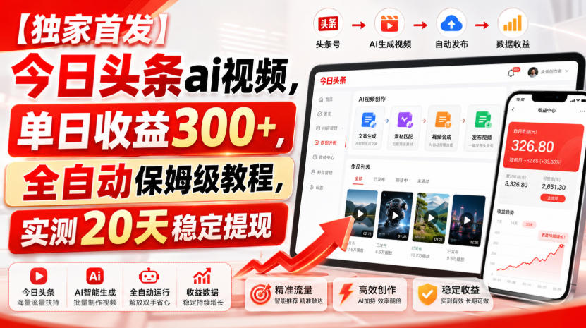 【独家首发】今日头条ai视频,单日收益300+,全自动保姆级教程,实测20天稳定提现【揭秘】-来友网创