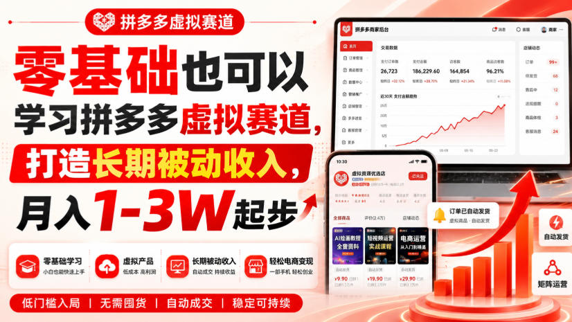 零基础也可以学习拼多多虚拟赛道,打造长期被动收入,月入1-3W起步-来友网创