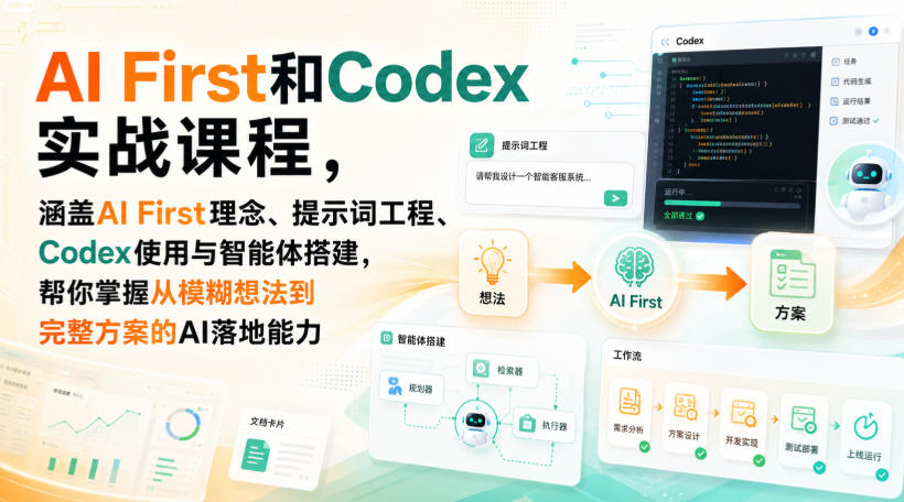 AI First和Codex实战课,涵盖AI First理念、提示词工程、Codex使用与智能体搭建,掌握从模糊想法到完整方案的AI落地能力-来友网创