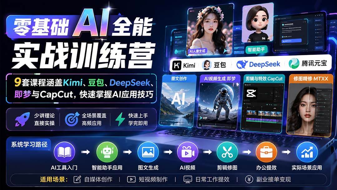 (20134期)零基础AI全能实战训练营:9套课程涵盖Kimi、豆包、DeepSeek、即梦与CapCut,快速掌握AI应用技巧-来友网创