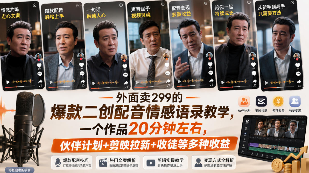 外面卖299的爆款二创配音情感语录教学,一个作品20分钟左右,伙伴计划+剪映拉新+收徒等多种收益-来友网创