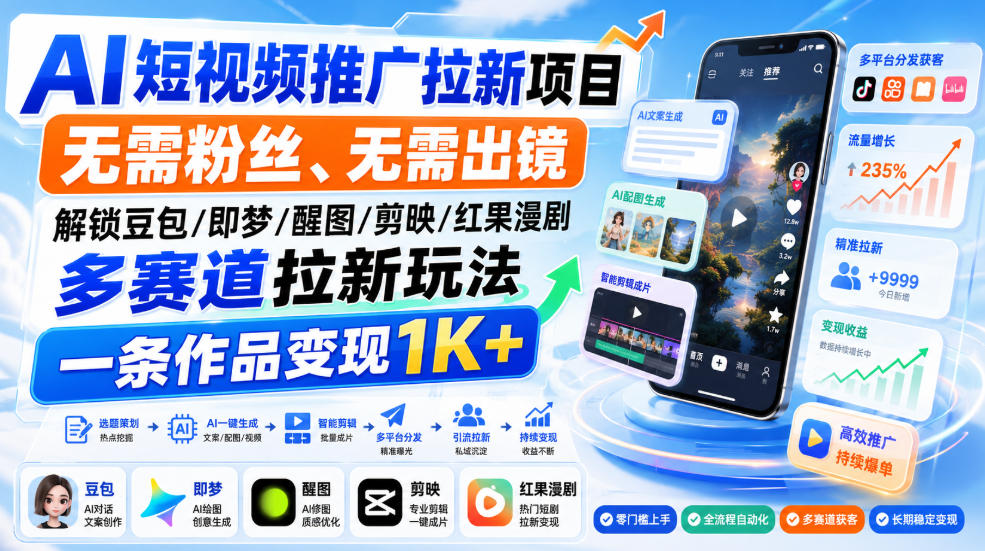 AI短视频推广拉新项目,无需粉丝、无需出镜,解锁豆包/即梦/醒图/剪映/红果漫剧多赛道拉新玩法,一条作品变现1K+-来友网创