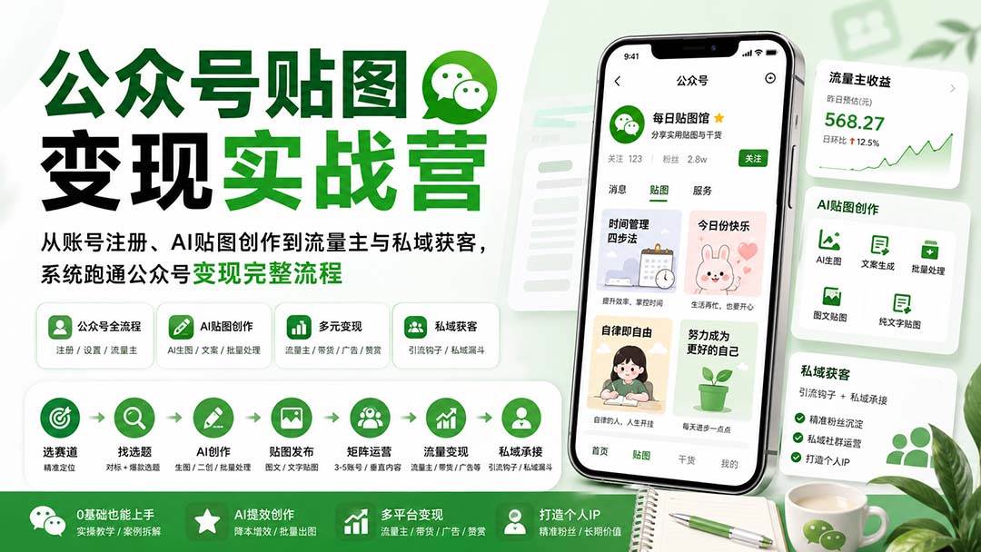 (20120期)公众号贴图变现实战营:从账号注册、AI贴图创作到流量主与私域获客,系统跑通公众号变现完整流程-来友网创