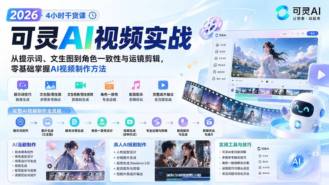(20136期)2026可灵AI视频实战-4小时干货课:从提示词、文生图到角色一致性与运镜剪辑,零基础掌握AI视频制作方法-来友网创