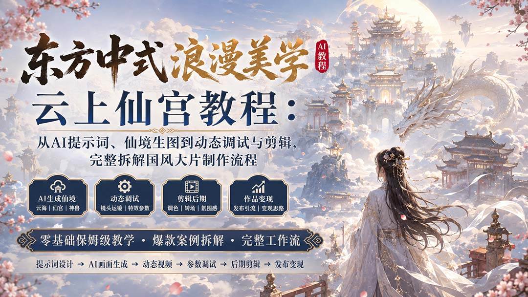 (20147期)东方中式浪漫美学云上仙宫教程:从AI提示词、仙境生图到动态调试与剪辑,完整拆解国风大片制作流程-来友网创
