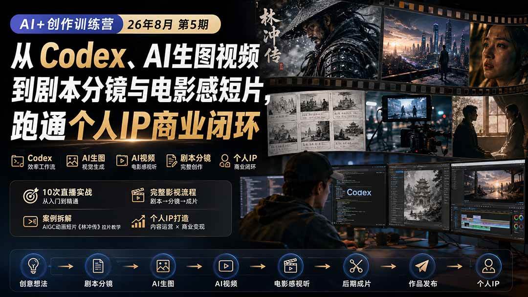 (20145期)AI+创作训练营26年8月第5期:从Codex、AI生图视频到剧本分镜与电影感短片,跑通个人IP商业闭环-来友网创