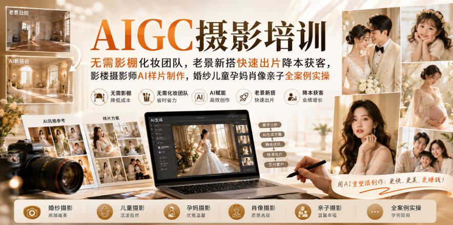 AIGC摄影培训|无需影棚化妆团队,老景新搭快速出片降本获客,影楼摄影师AI样片制作,婚纱儿童孕妈肖像亲子全案例实操-来友网创