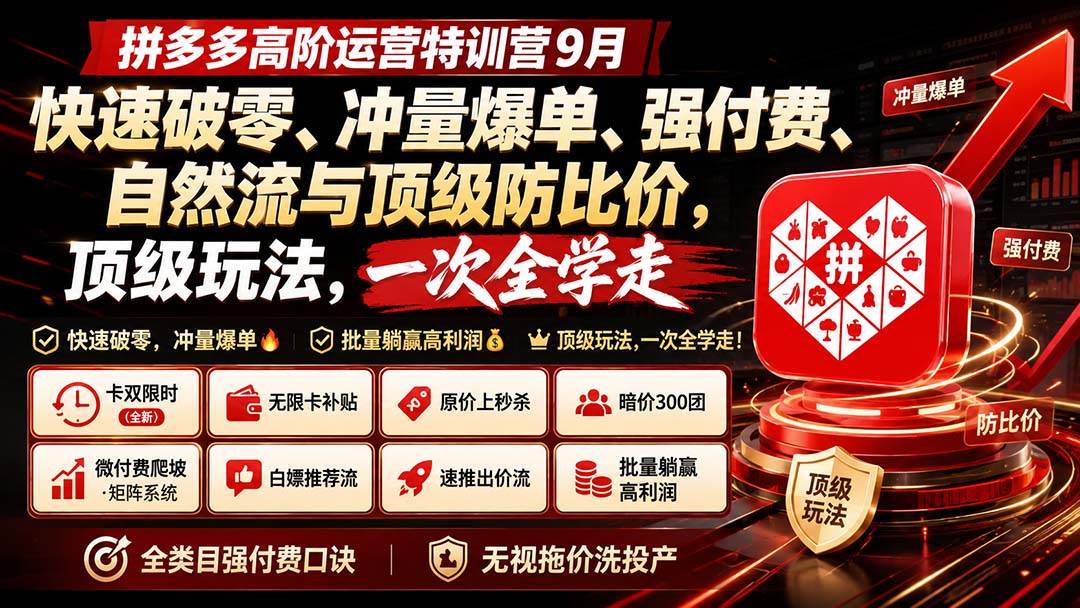(20155期)拼多多高阶运营特训营9月:快速破零、冲量爆单、强付费、自然流与顶级防比价, 顶级玩法,一次全学走-来友网创