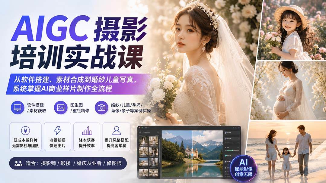 (20161期)AIGC摄影培训实战课:从软件搭建、素材合成到婚纱儿童写真,系统掌握AI商业样片制作全流程-来友网创