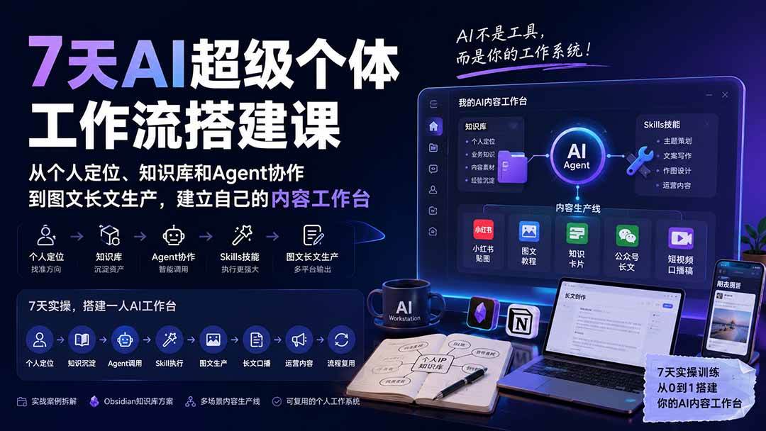 (20190期)7天AI超级个体工作流搭建课:从个人定位、知识库和Agent协作到图文长文生产,建立自己的内容工作台-来友网创