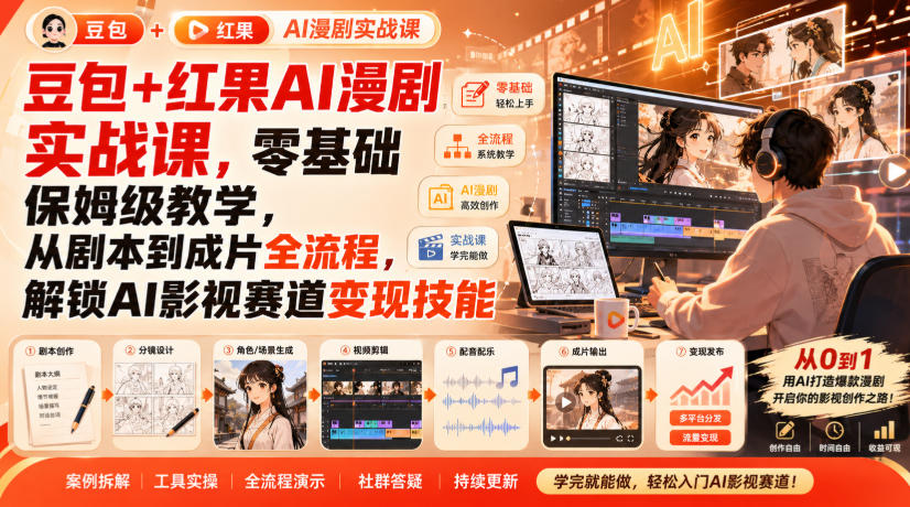 豆包+红果AI漫剧实战课,零基础保姆级教学,从剧本到成片全流程,解锁AI影视赛道变现技能-来友网创