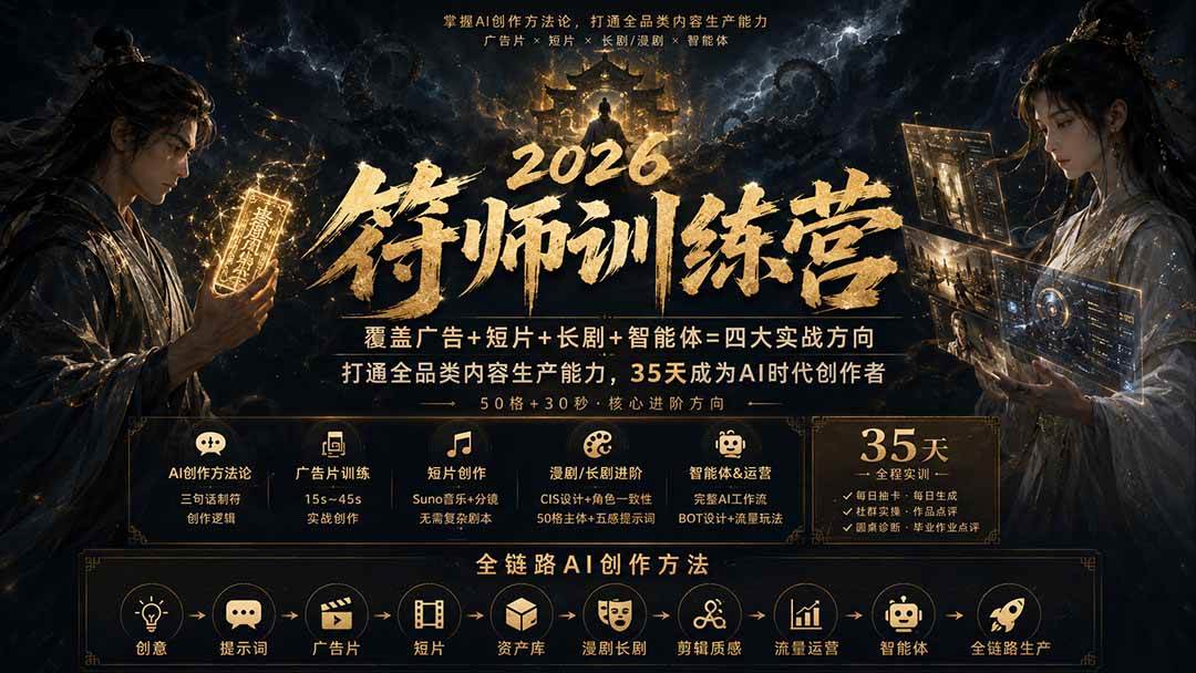 (20179期)符师训练营-35天成为AI时代创作者,广告+短片+漫剧+智能体四大实战方向,掌握从创意到上线的完整工作流-来友网创