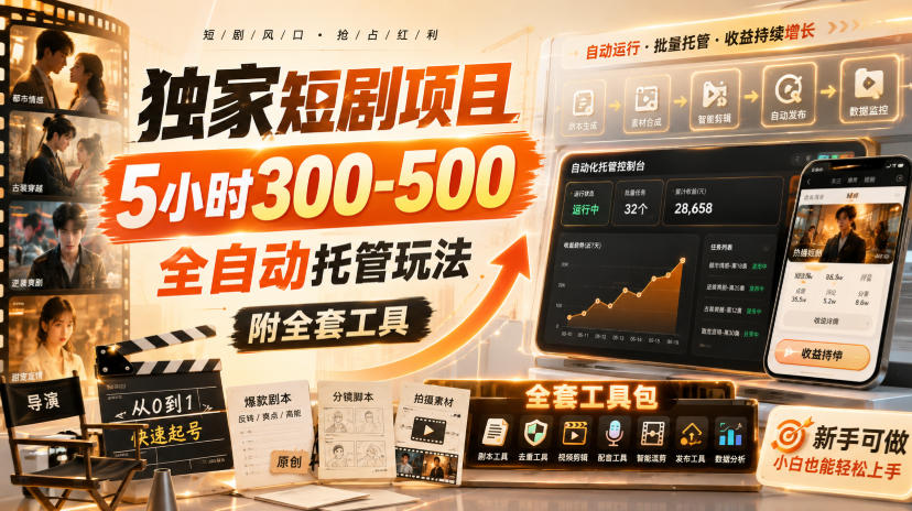 独家短剧项目,5小时300-500,全自动托管玩法,附全套工具【揭秘】-来友网创