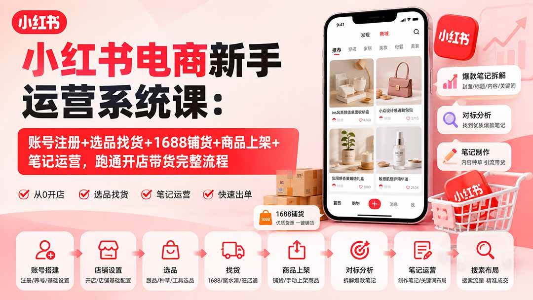 (20319期)小红书电商新手运营系统课:账号注册+选品找货+1688铺货+商品上架+笔记运营,跑通开店带货完整流程-来友网创