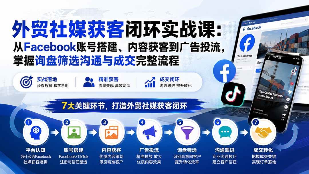 (20318期)外贸社媒获客闭环实战课:从Facebook账号搭建、内容获客到广告投流,掌握询盘筛选沟通与成交完整流程-来友网创