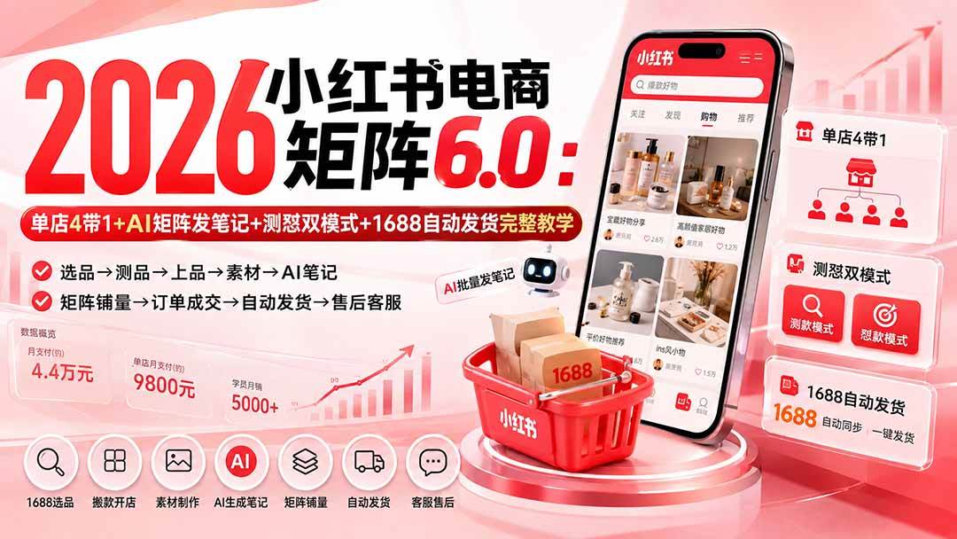 (20310期)2026小红书电商矩阵6.0:单店4带1+AI矩阵发笔记+测怼双模式+1688自动发货完整教学-来友网创