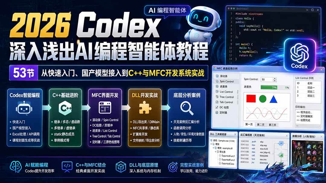 (20221期)2026 Codex深入浅出AI编程智能体教程:53节从快速入门、国产模型接入到C++与MFC开发系统实战-来友网创
