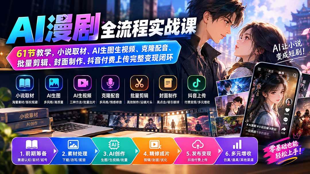 (20199期)AI漫剧全流程实战课|61节教学,小说取材、AI生图生视频、克隆配音、批量剪辑、封面制作、抖音付费上传完整变现闭环-来友网创