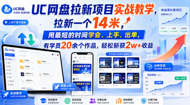 UC网盘拉新项目实战教学,拉新一个14米,用最短的时间学会、上手、出单,有学员20余个作品,轻松斩获2w+收益-来友网创