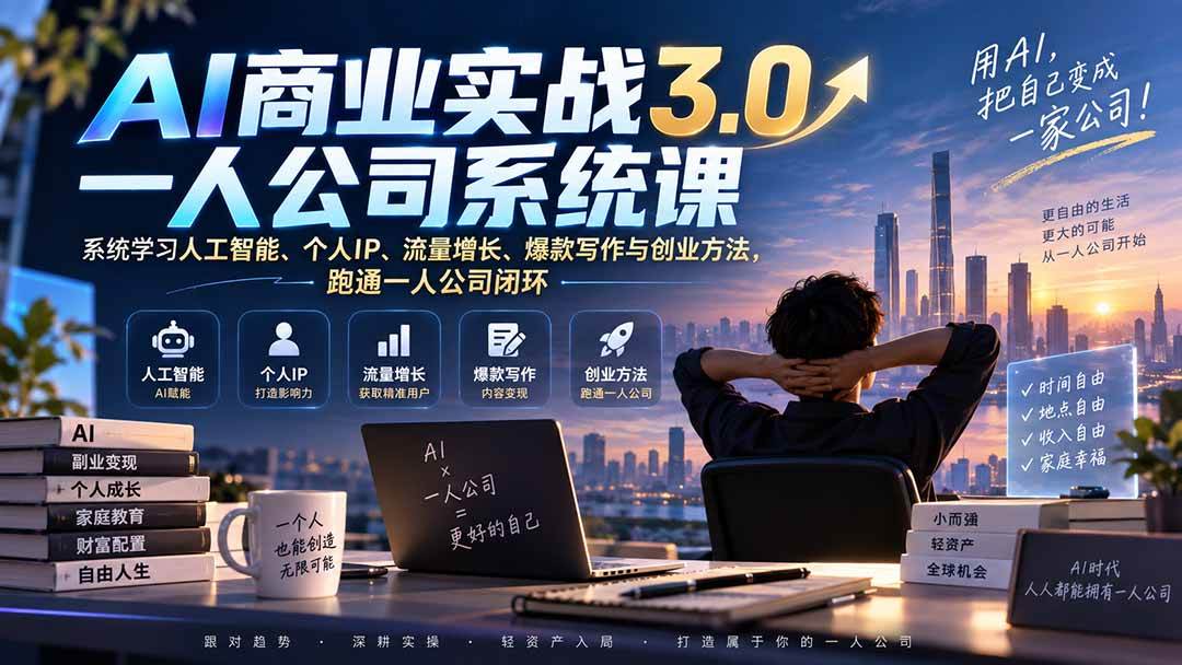 (20249期)AI商业实战3.0一人公司系统课:系统学习人工智能、个人IP、流量增长、爆款写作与创业方法,跑通一人公司闭环-来友网创