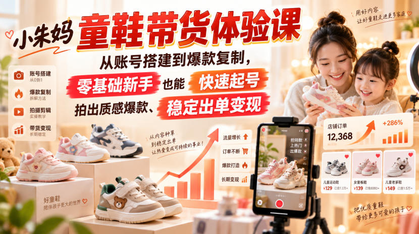 小朱妈童鞋带货体验课,从账号搭建到爆款复制,零基础新手也能快速起号、拍出质感爆款、稳定出单变现-来友网创