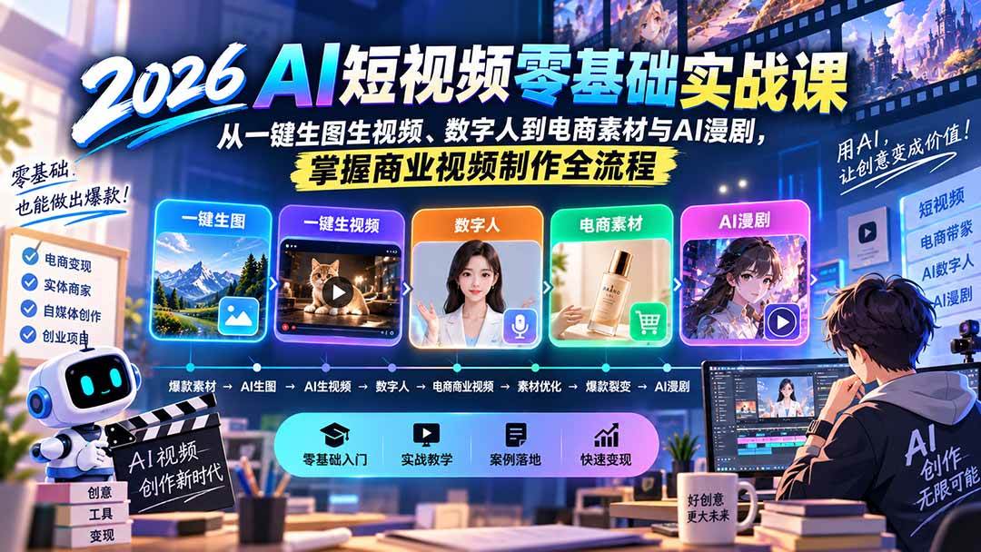 (20263期)2026AI短视频零基础实战课:从一键生图生视频、数字人到电商素材与AI漫剧,掌握商业视频制作全流程-来友网创