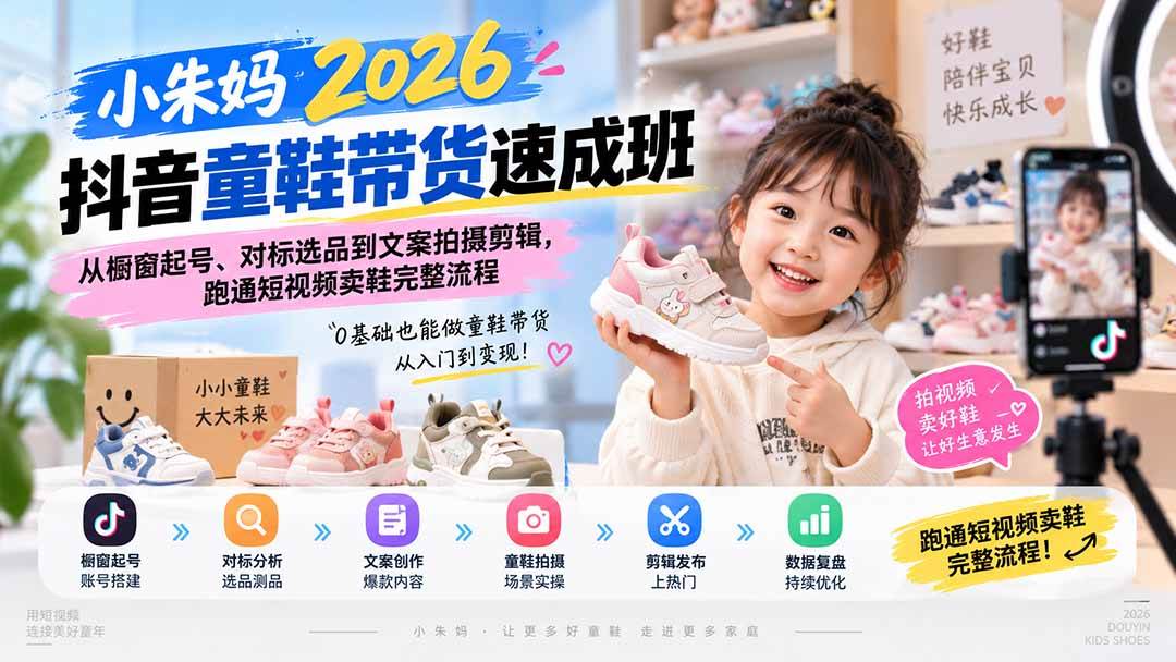 (20267期)小朱妈2026抖音童鞋带货速成班:从橱窗起号、对标选品到文案拍摄剪辑,跑通短视频卖鞋完整流程-来友网创