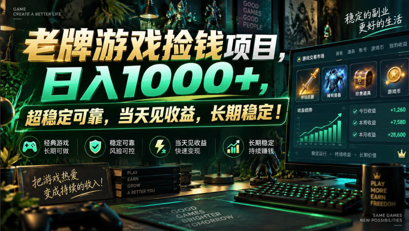 老牌游戏捡钱项目,日入1000+,超稳定可靠,当天见收益,长期稳定!【揭秘】-来友网创
