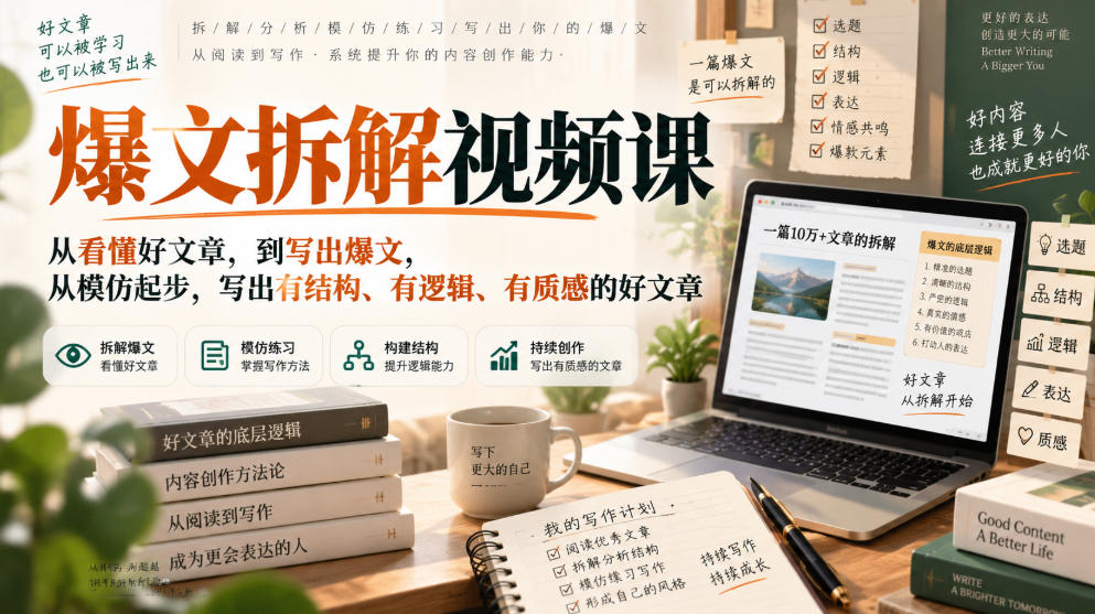 爆文拆解视频课,从看懂好文章,到写出爆文,从模仿起步,写出有结构、有逻辑、有质感的好文章-来友网创