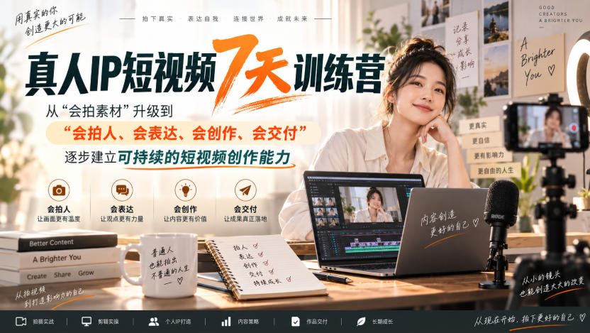 真人IP短视频7天训练营,从“会拍素材”升级到“会拍人、会表达、会创作、会交付”,逐步建立可持续的短视频创作能力-来友网创