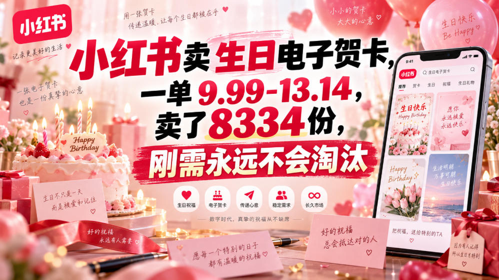 小红书卖生日电子贺卡,一单9.99-13.14,卖了8334份,刚需永远不会淘汰-来友网创