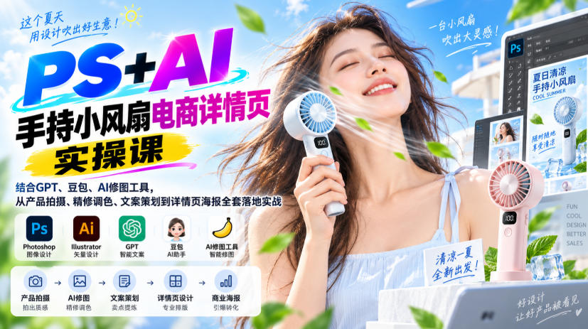 PS+AI手持小风扇电商详情页实操课|结合GPT、豆包、AI修图工具,从产品拍摄、精修调色、文案策划到详情页海报全套落地实战-来友网创