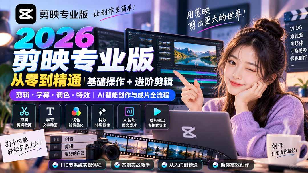 (20276期)2026剪映专业版从零到精通|基础操作+进阶剪辑|剪辑·字幕·调色·特效|AI智能创作与成片全流程-来友网创