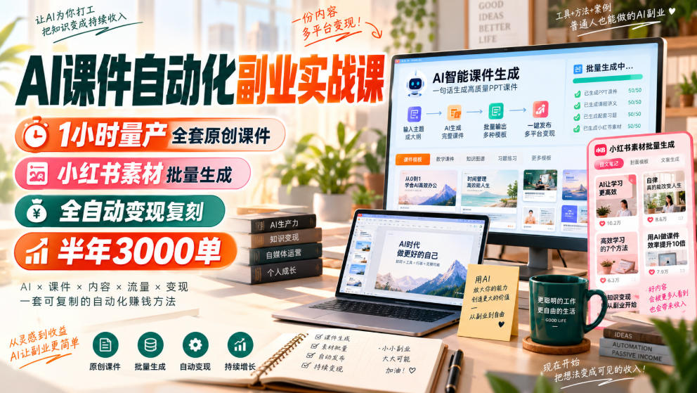 AI课件自动化副业实战课,1小时量产全套原创课件,小红书素材批量生成,全自动变现复刻,半年3000单-来友网创