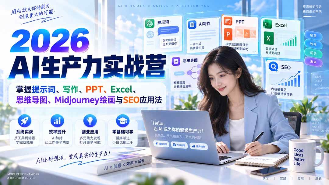 (20307期)2026AI生产力实战营:掌握提示词、写作、PPT、Excel、思维导图、Midjourney绘画与SEO应用法-来友网创