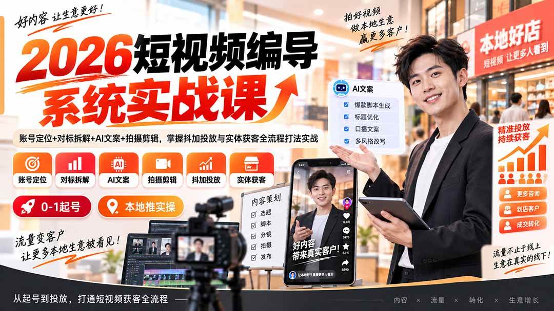 (20305期)2026短视频编导系统实战课:账号定位+对标拆解+AI文案+拍摄剪辑,掌握抖加投放与实体获客全流程打法实战-来友网创