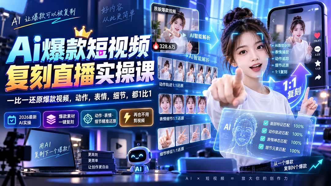(20304期)最新Ai爆款短视频复刻直播实操课,一比一还原爆款视频,动作,表情,细节,都1比1-来友网创